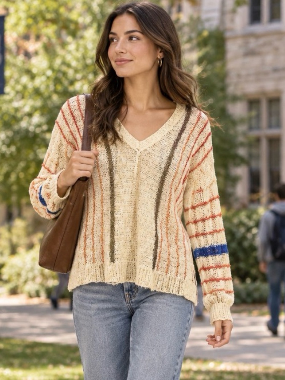 WISHLIST Ultra Soft Open Weave V-neck Sweater Ivory Pastel Stripes M